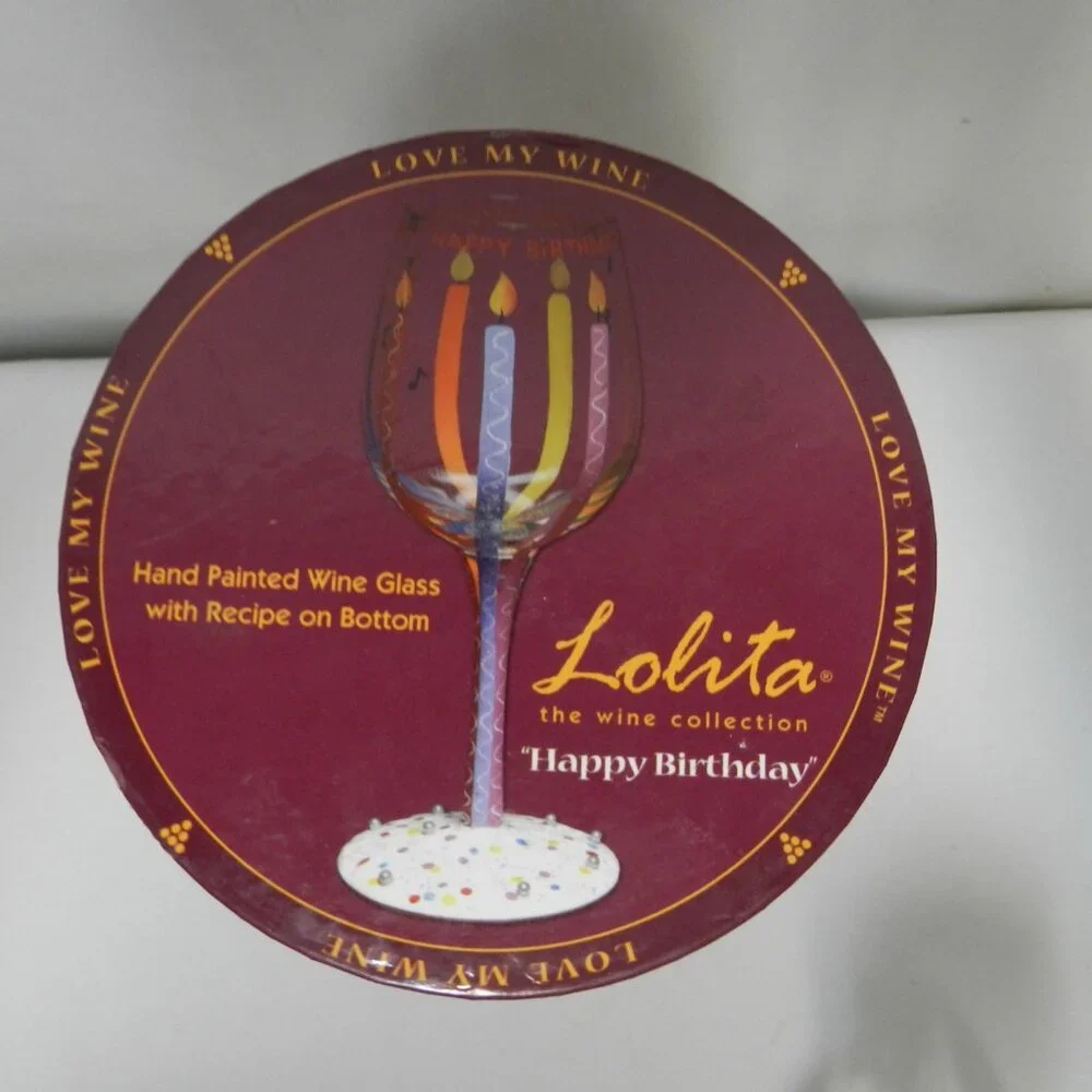 Lolita Happy Birthday Wine Glass Hand Painted Candles Recipe Bottom 15 oz w/ Box